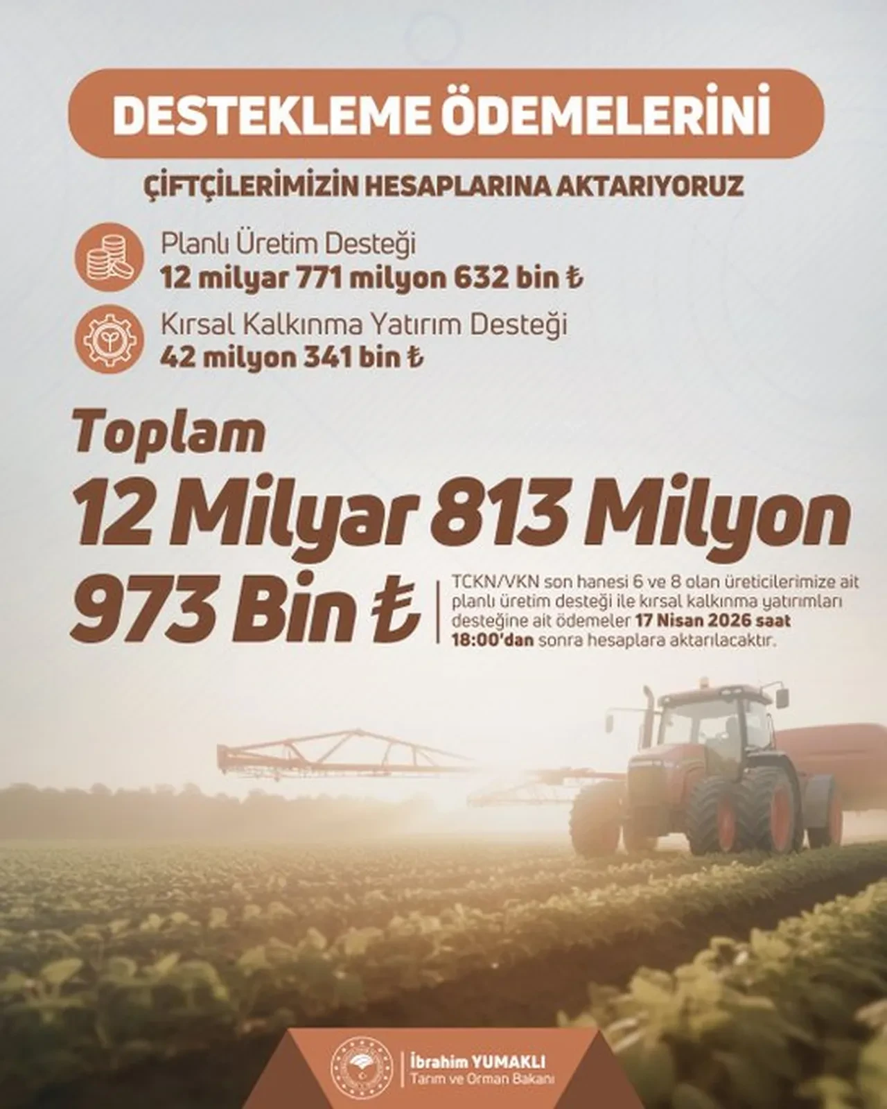 Tarımsal destek ödemeleri bugün hesaplara yatırılıyor! Bakan Yumaklı duyurdu