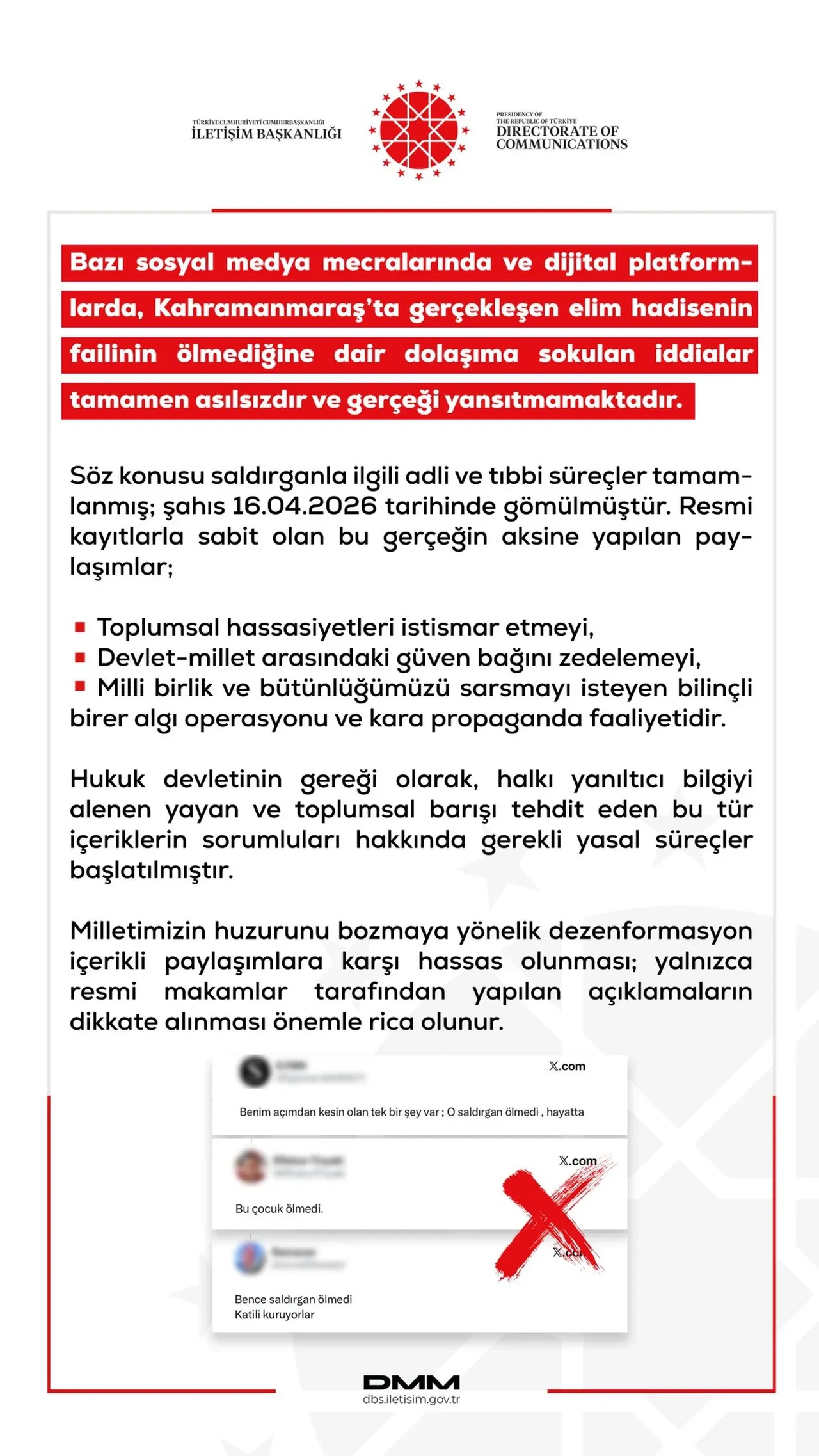 DMM'den Kahramanmaraş olayında failin ölmediğine dair iddialara net cevap