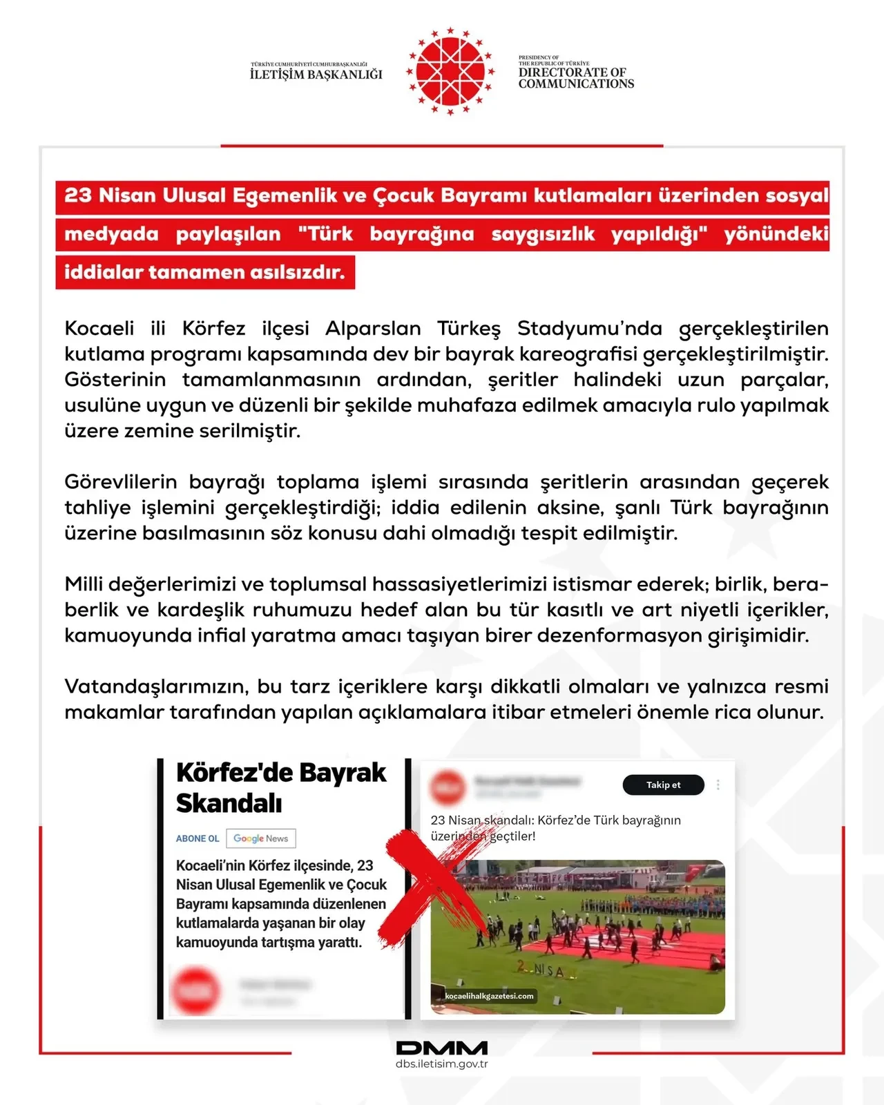 DMM'den Türk bayrağına saygısızlık yapıldığı yönündeki iddialara yalanlama