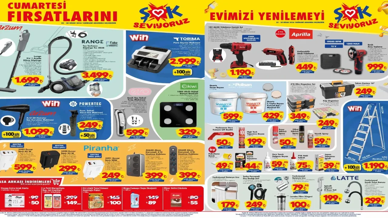 ŞOK 25 -28 Nisan aktüel kataloğu 2026! Dikey süpürge, saç kurutma makinesi, merdiven ve organizer set geliyor