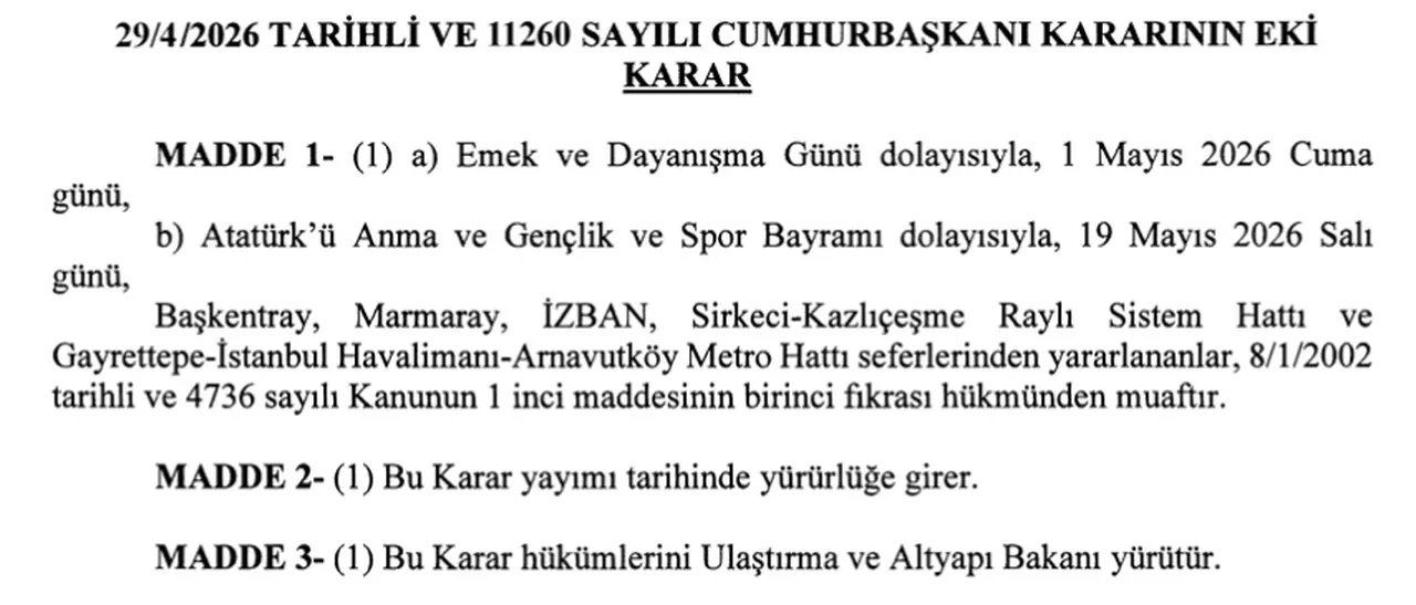 1 Mayıs ve 19 Mayıs'ta toplu taşıma ücretsiz