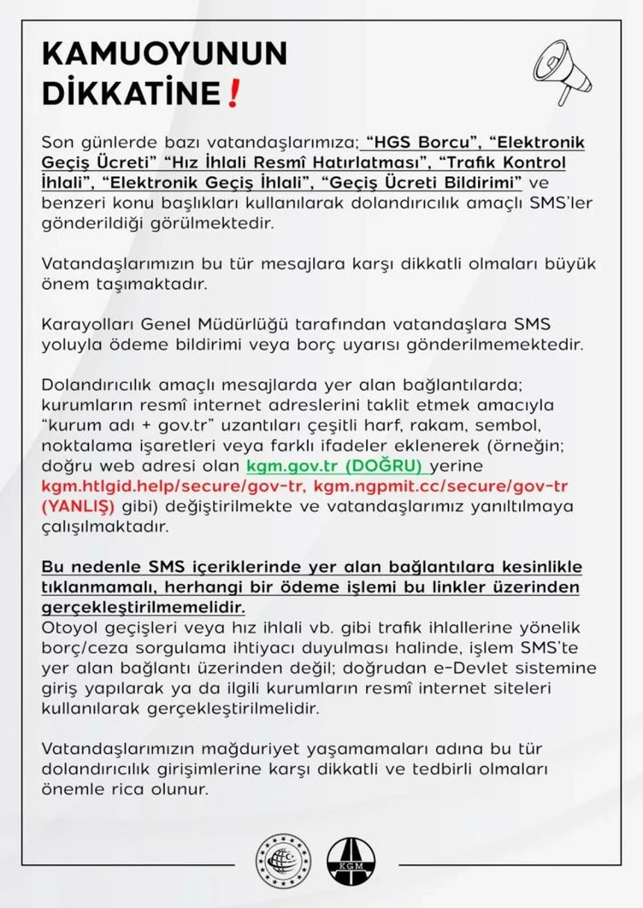 Karayolları Genel Müdürlüğü vatandaşları uyardı: "SMS ile borç bildirimi yapmıyoruz"