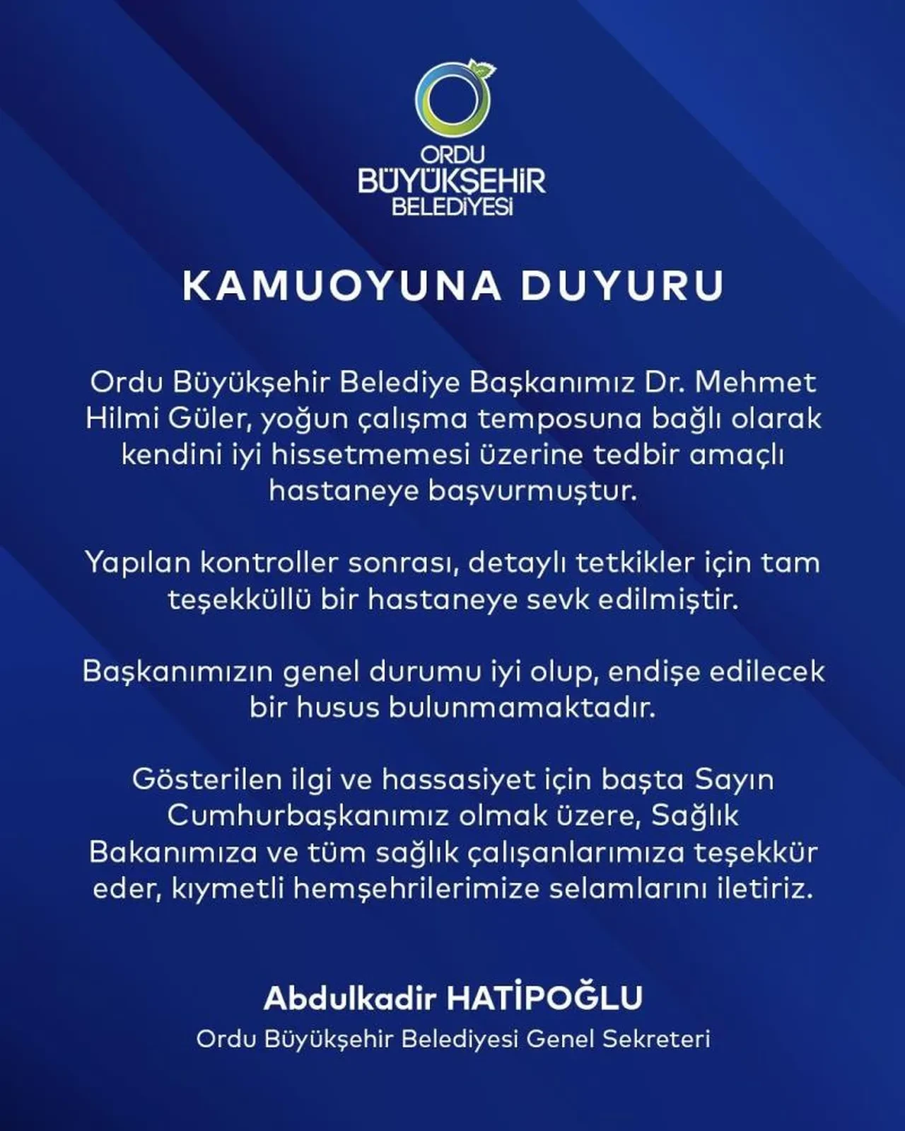 Ordu Büyükşehir Belediye Başkanı Mehmet Hilmi Güler hastaneye kaldırıldı