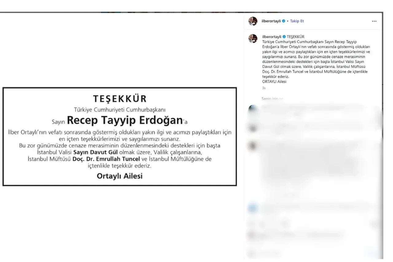 İlber Ortaylı'nın ailesinden Cumhurbaşkanı Erdoğan'a teşekkür mesajı geldi 