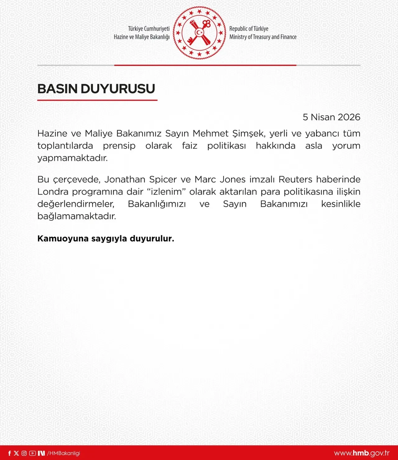 Hazine ve Maliye Bakanlılığı'ndan Reuters haberine ilişkin açıklama