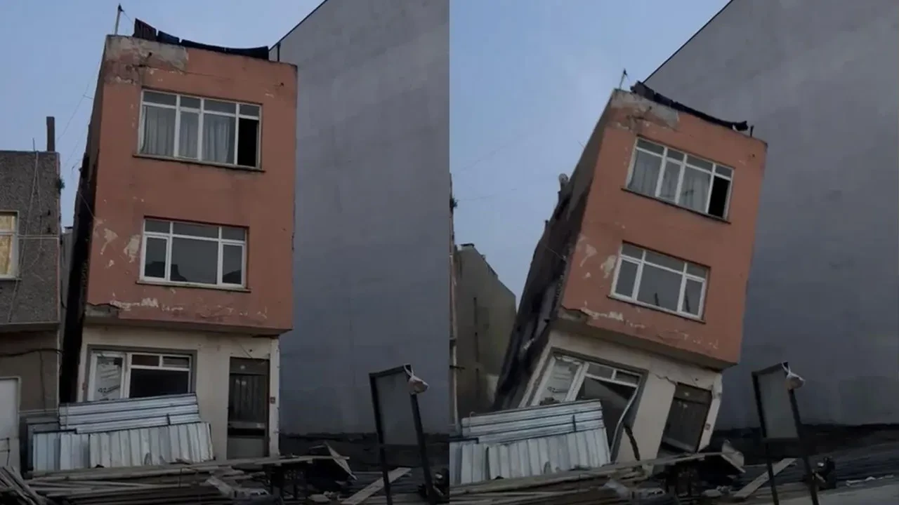 Temel kazısı yapılan arsanın yanındaki bina bir anda yan yattı! Saniyeler içinde yerle bir oldu