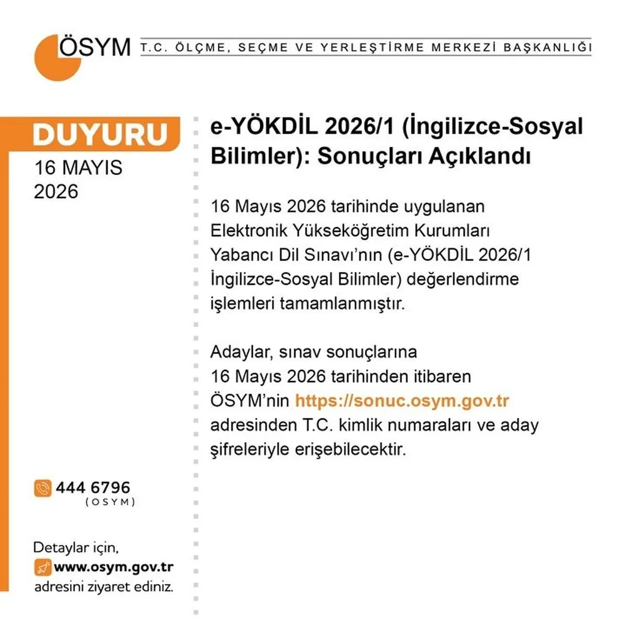 ÖSYM duyurdu: e-YÖKDİL 2026/1 sınav sonuçları erişime açıldı