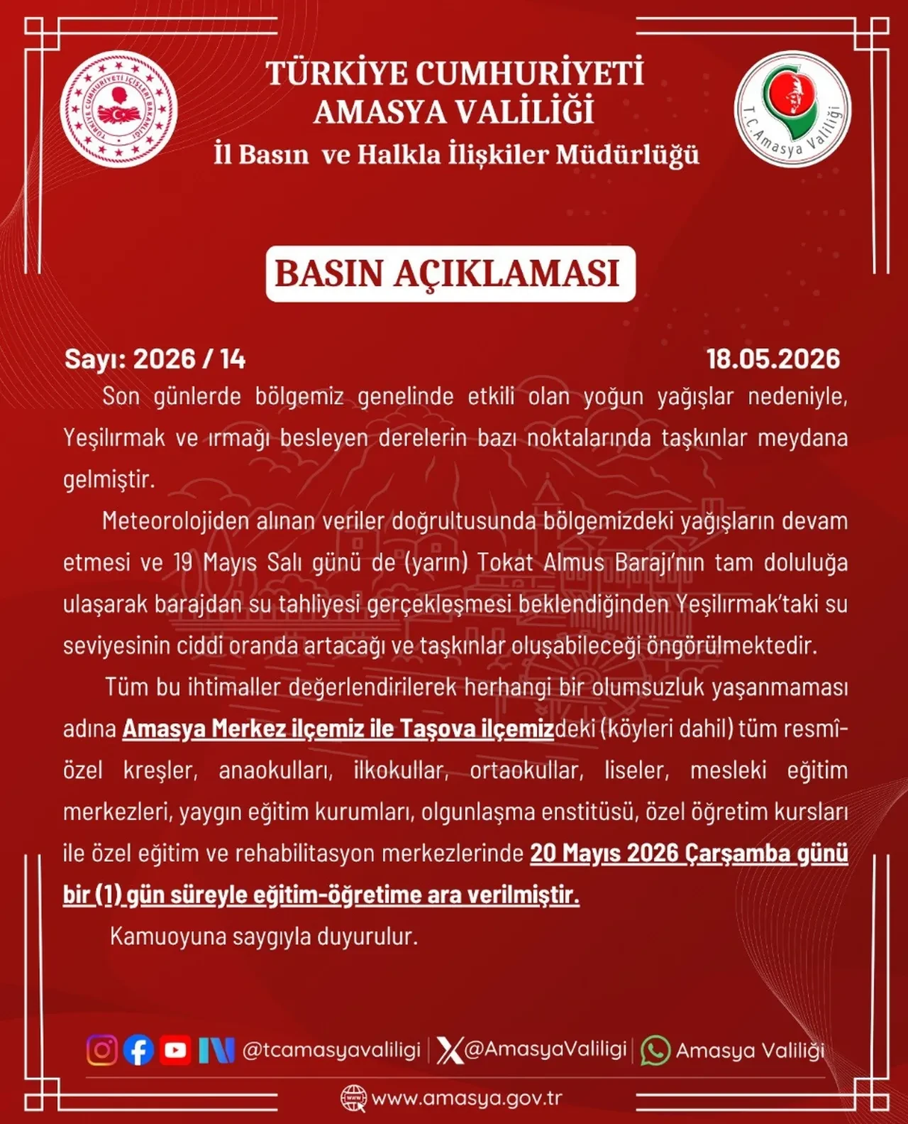 20 Mayıs okullar tatil mi? Amasya’da bazı ilçelerde okullar tatil edildi