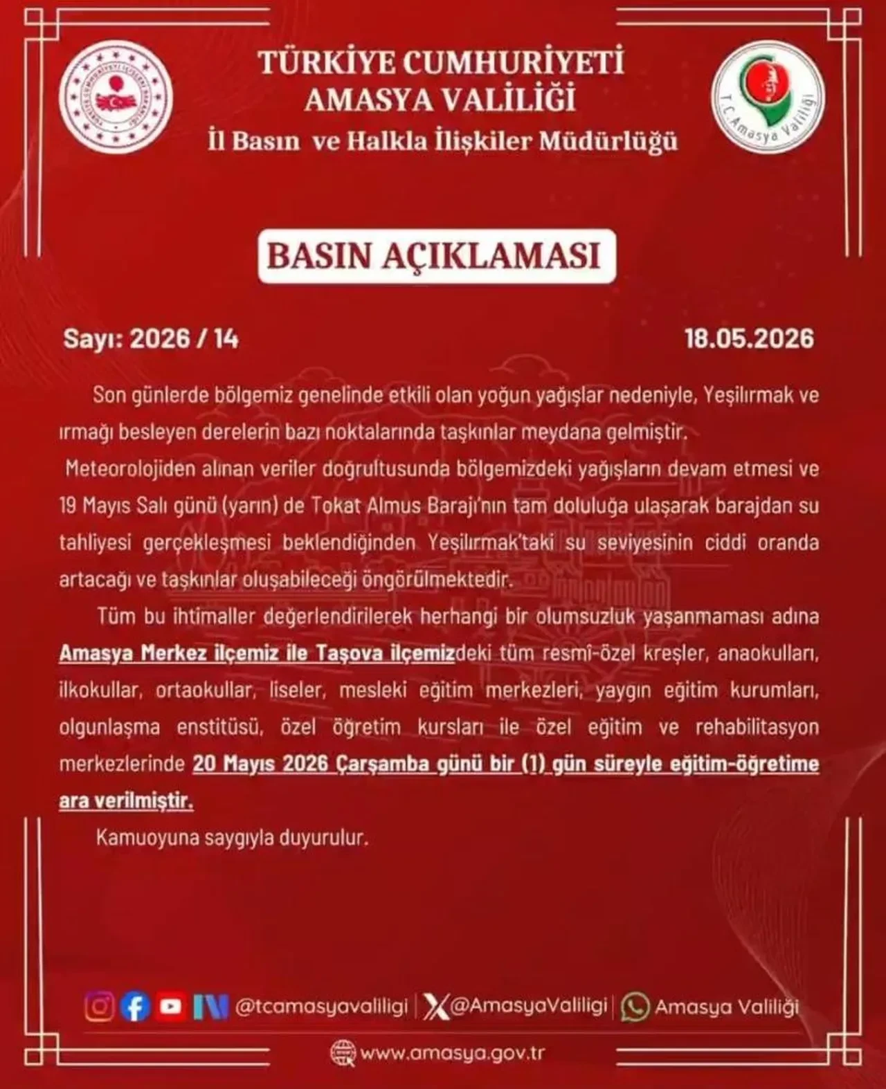 Amasya'da sel teyakkuzu: Merkez ve Taşova'da eğitime mola 