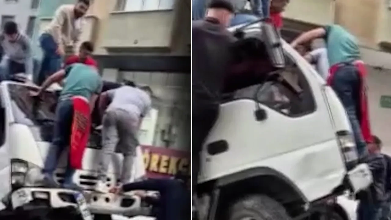 Kamyonet yokuş çıkarken şaha kalktı! Vatandaşlar tampona çıkıp zırladı: O anlar kamerada 