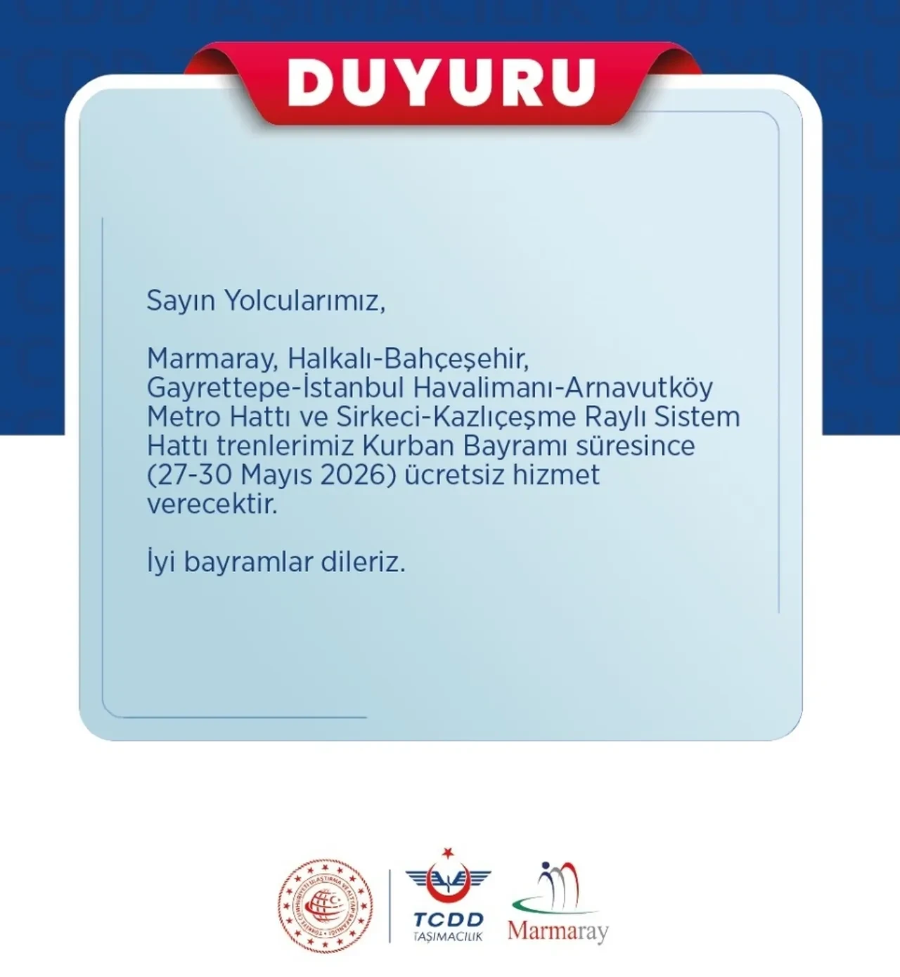 Marmaray ücretsiz mi? 27-30 Mayıs 2026 tarihleri için Marmaray’dan açıklama geldi