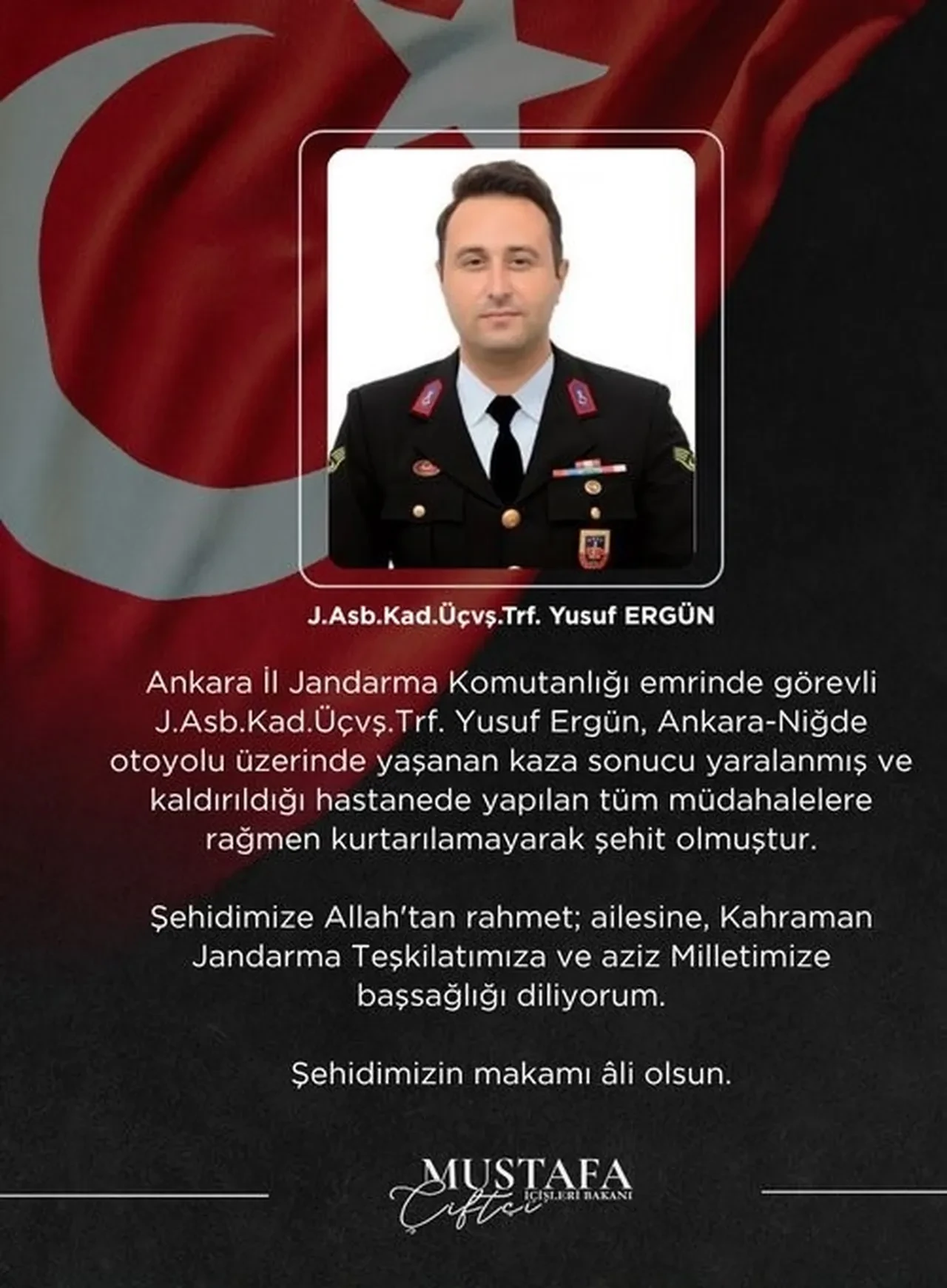 Ankara'dan acı haber! Otoyolda otomobilin çarptığı Jandarma Astsubay Üstçavuş Yusuf Ergün şehit oldu