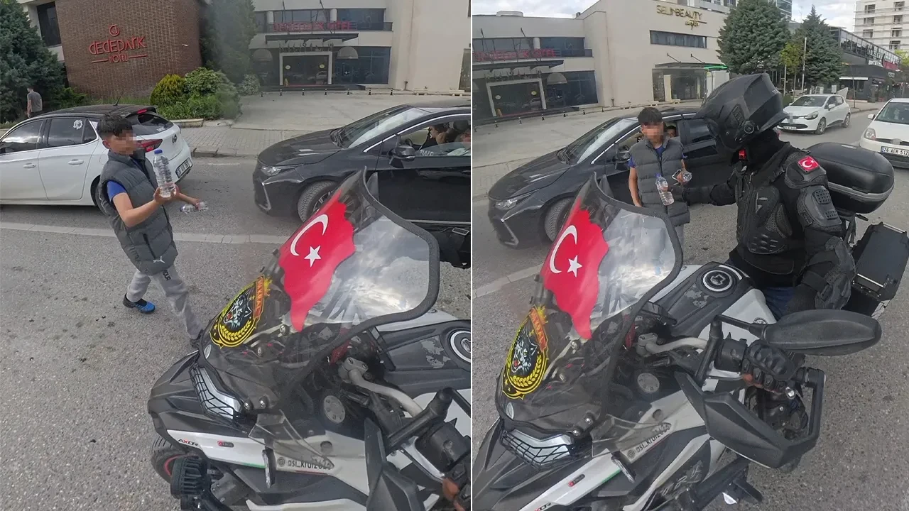 Su satan çocuğun duygulandıran Türk bayrağı hassasiyeti! Motosikletliyi görünce bakın ne yaptı
