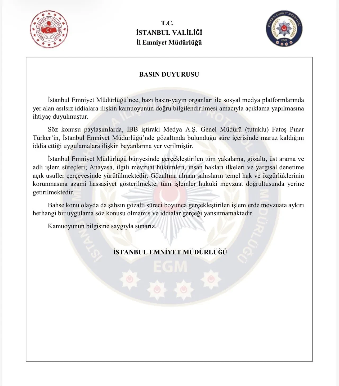 İstanbul Emniyet Müdürlüğü'nden Fatoş Pınar Türker'in çıplak arama iddiasına cevap