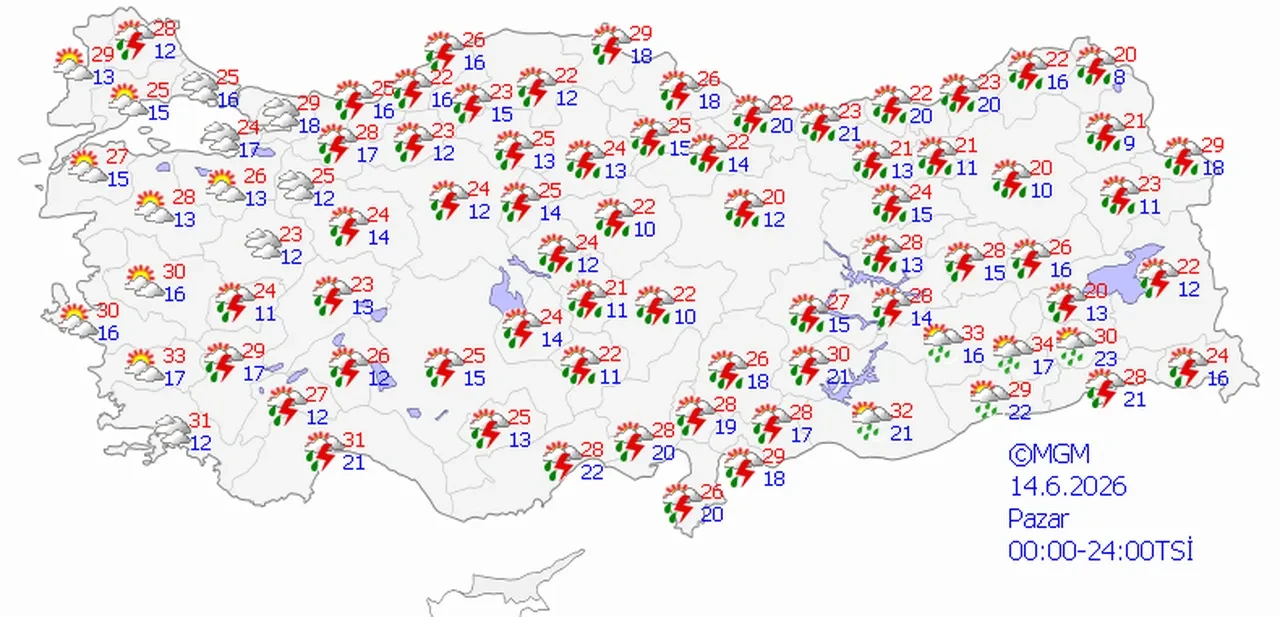 14 Haziran 2026 hava durumu | Meteoroloji sarı kodla uyardı! Birçok ilde sağanak bekleniyor