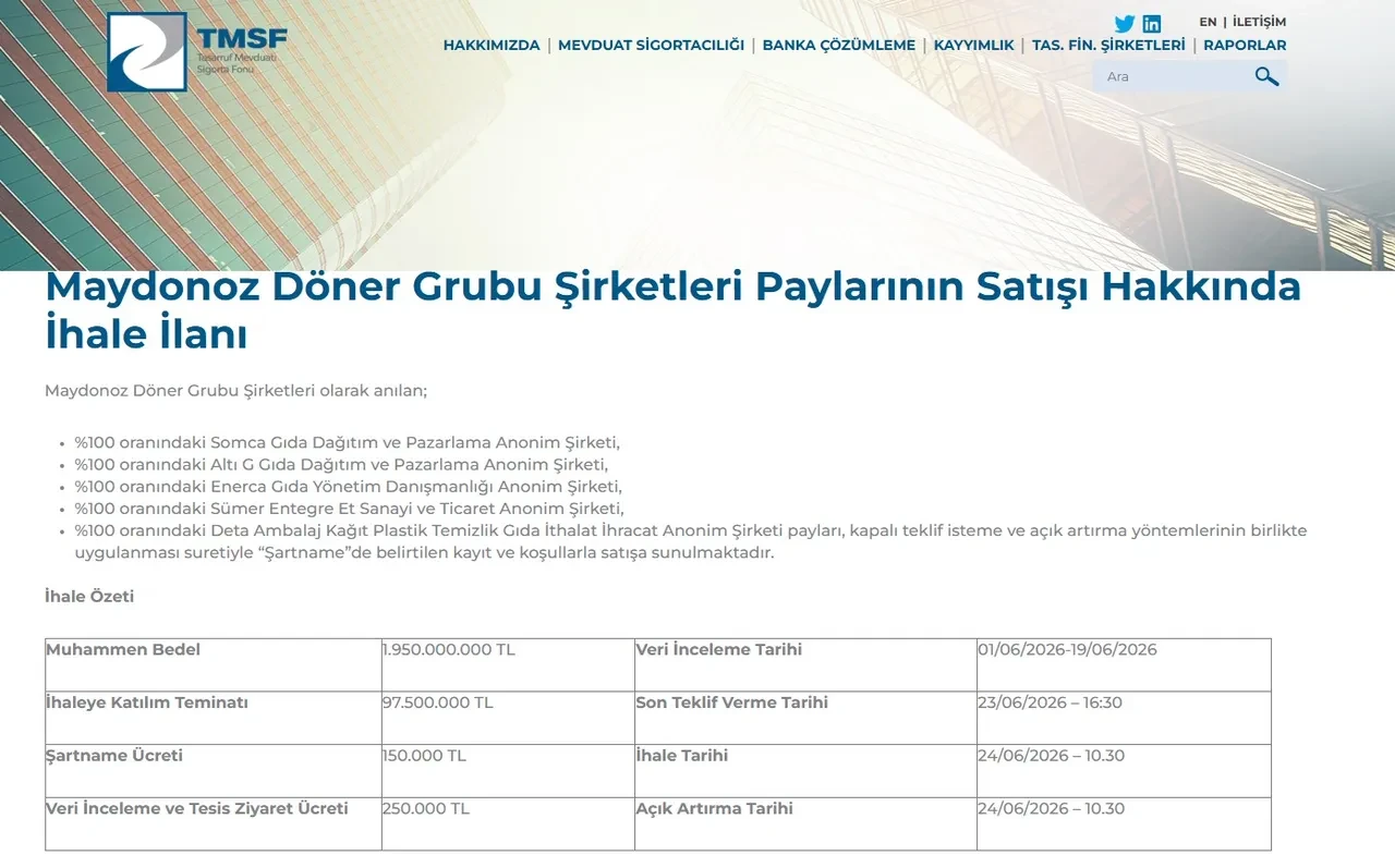 TMSF duyurdu! Maydonoz Döner Grubu'na ait 5 şirket satışa çıktı