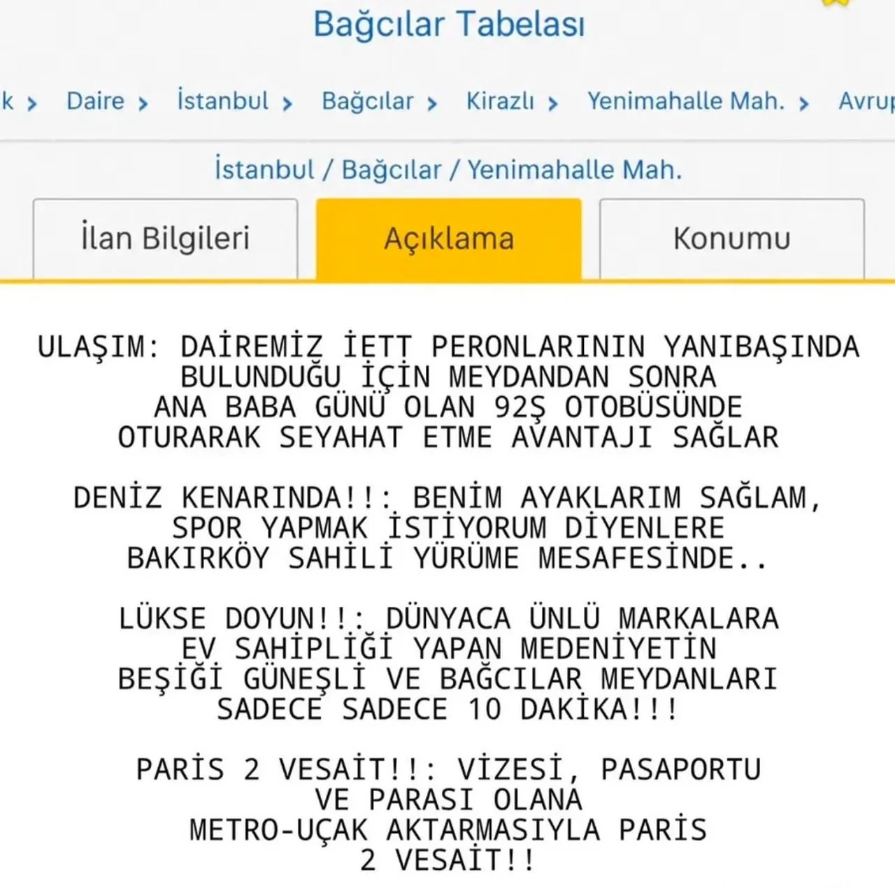 Bağcılar’da bir ev ilanı sosyal medyada gündem oldu! "Paris’e 2 vesait kiralık daire fırsatı"