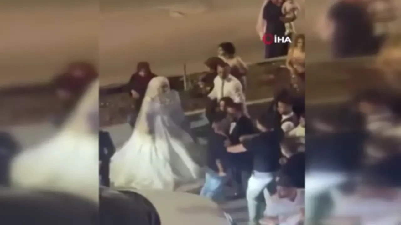 Konvoyda çıkan kavgayı gelin ve damat ayırmaya çalıştı
