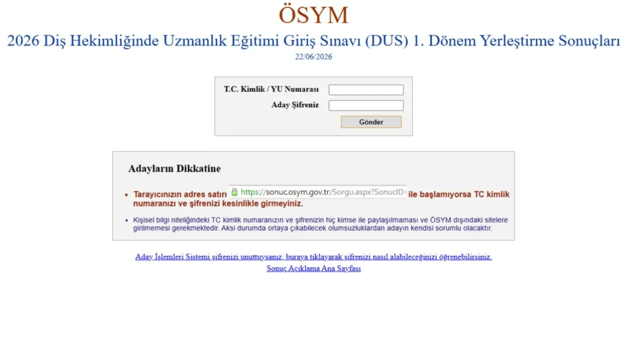 DUS yerleştirme sonuçları 2026 sorgulama ekranı (sonuc.osym.gov.tr) DUS 1. dönem tercih sonuçları açıklandı mı?