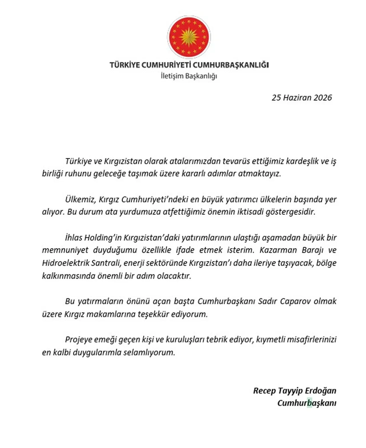 İhlas Holding'in Kırgızistan’daki dev yatırımına Erdoğan’dan tebrik!