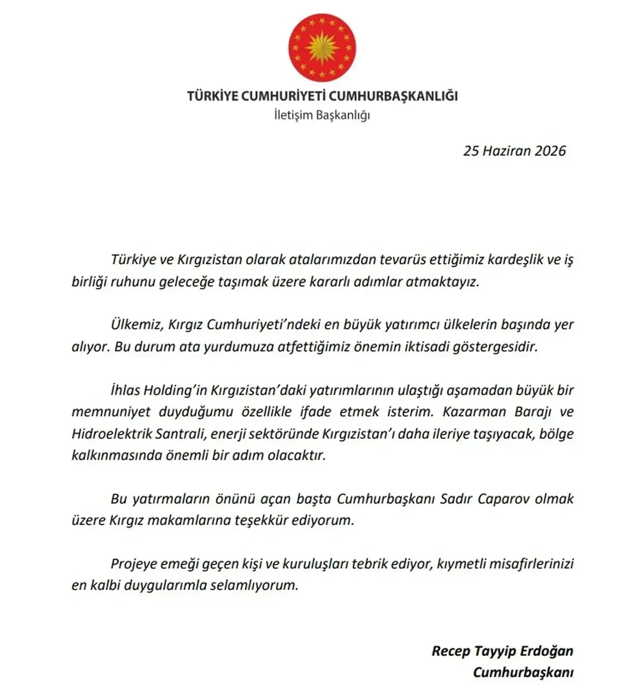 Orta Asya'ya İhlas enerjisi! Kazarman santralinin temelini Cumhurbaşkanı Sadır Caparov ve İhlas Holding Yönetim Kurulu Başkanı Ahmet Mücahid Ören attı
