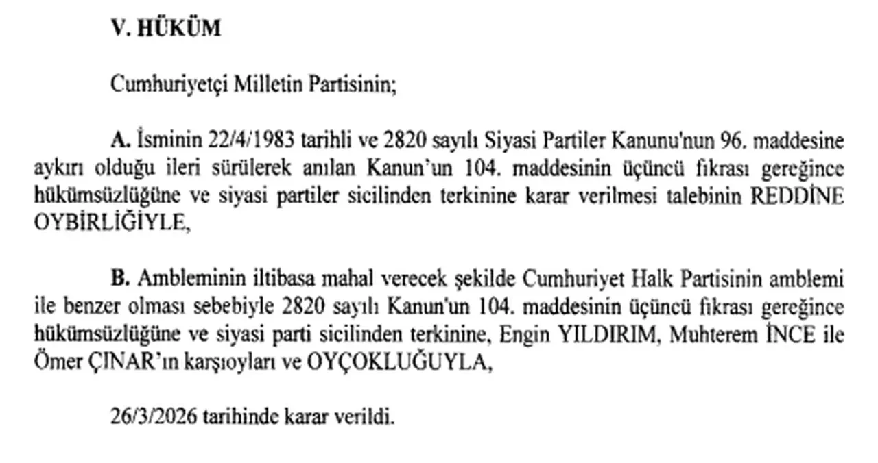 Anayasa Mahkemesi'nden CMP kararı: CHP'ye benzeyen parti amblemi iptal edildi