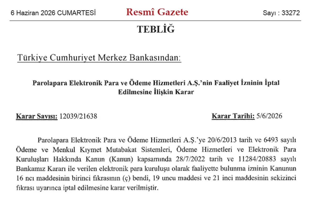 Merkez Bankası Parolapara'nın faaliyet iznini iptal etti