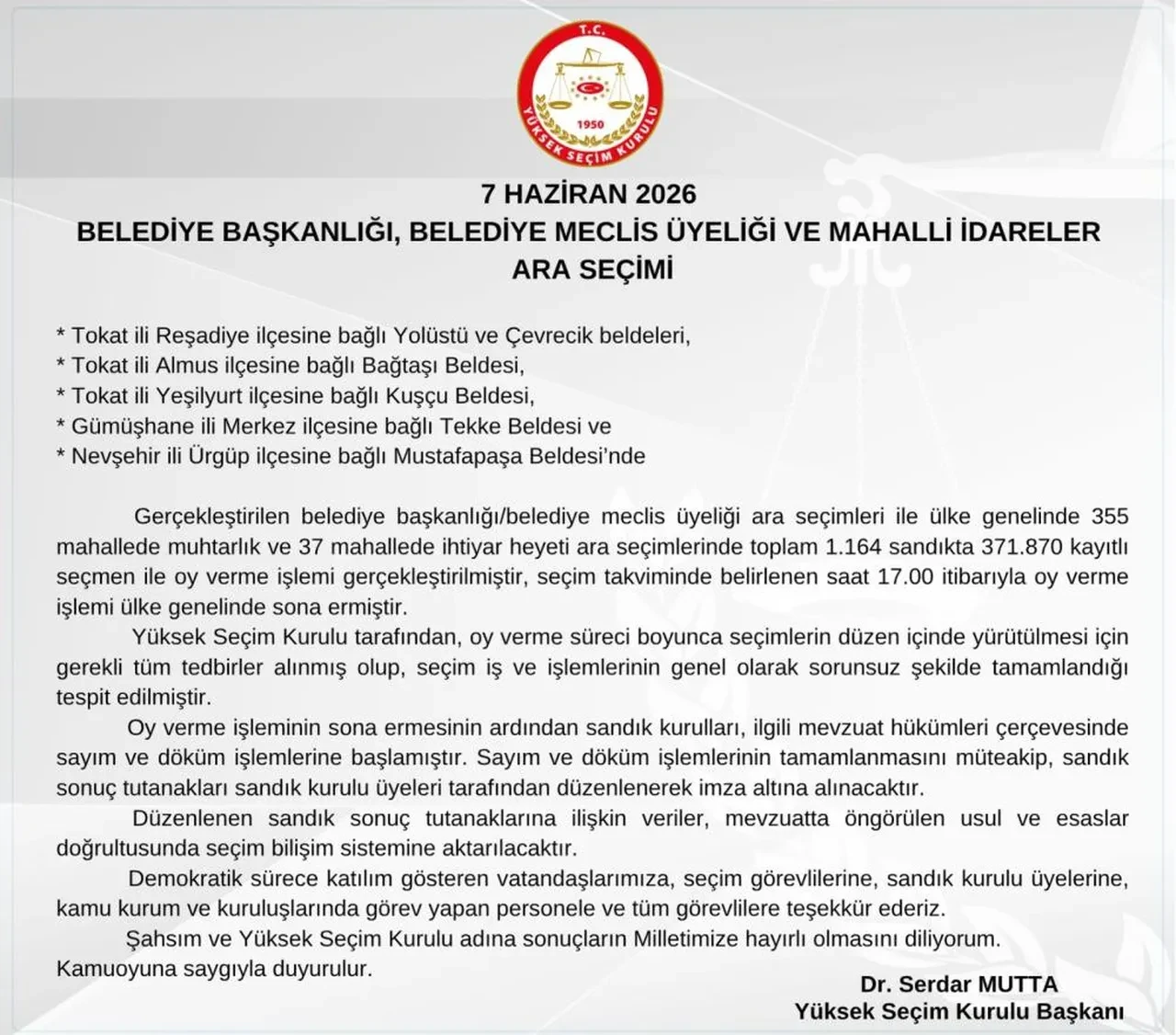 YSK Başkanı Serdar Mutta açıkladı: 6 belde ve 355 mahalledeki ara seçimlerde oy verme işlemi sona erdi