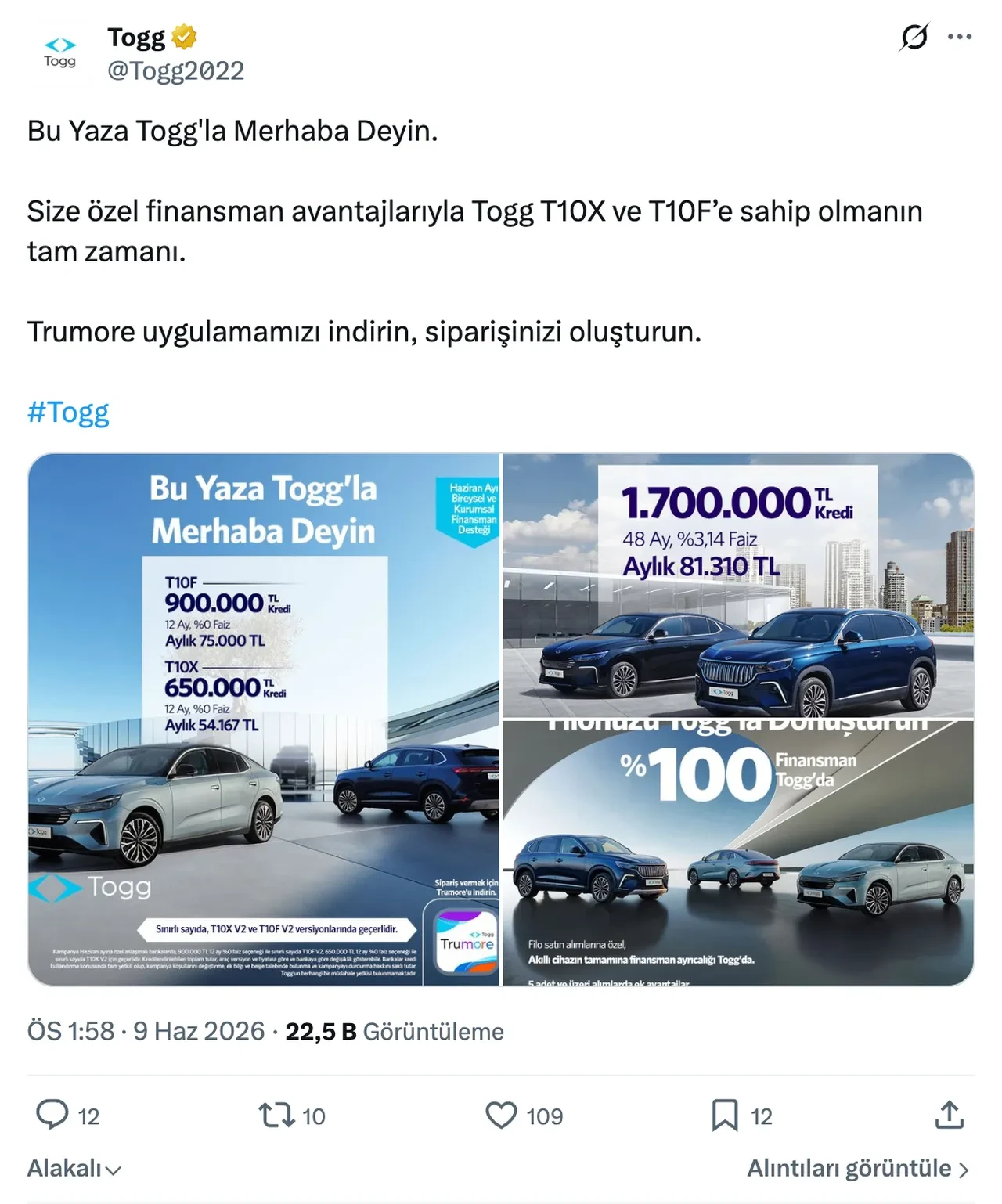 T10X ve T10F için sıfır faiz fırsatı başladı! TOGG Haziran 2026 kampanyasını duyurdu