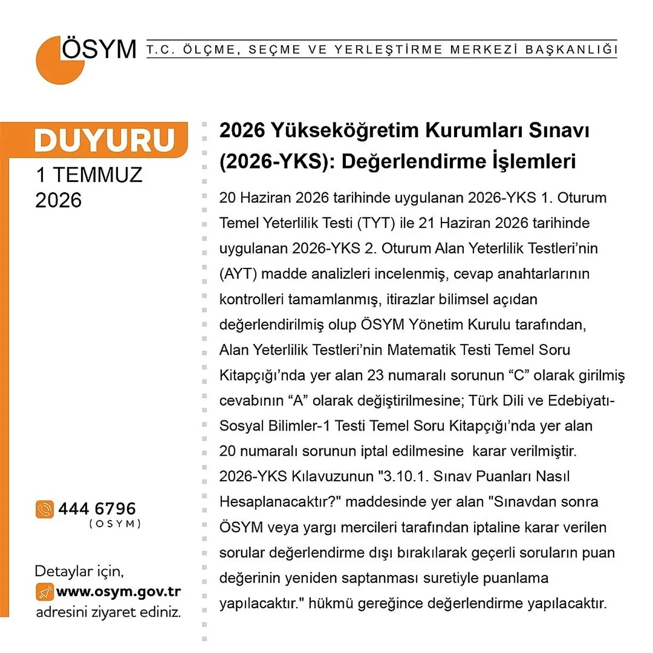 ÖSYM duyurdu! YKS'de 1 soru iptal, 1 sorunun da cevabı değişti