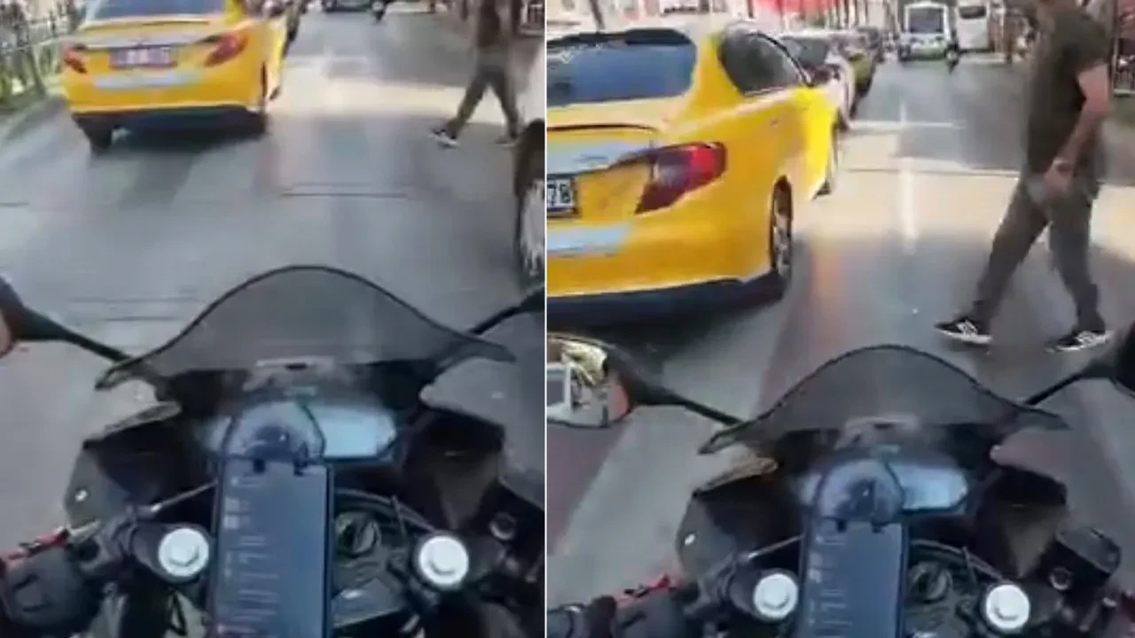 Motosikletli kör noktadaki yayayı fark edemedi, kaza meydana geldi