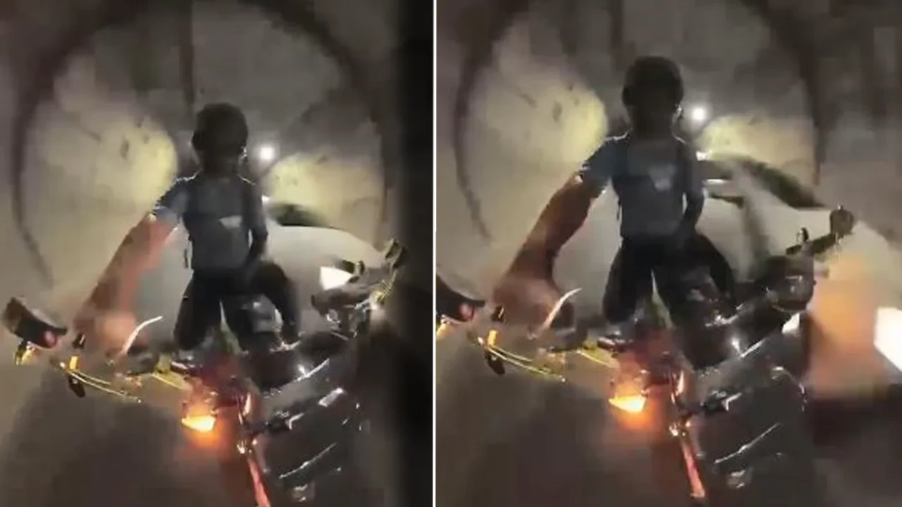 Tünelde korku dolu anlar! Motosiklet sürücüsü neye uğradığını şaşırdı: O anlar kamerada 