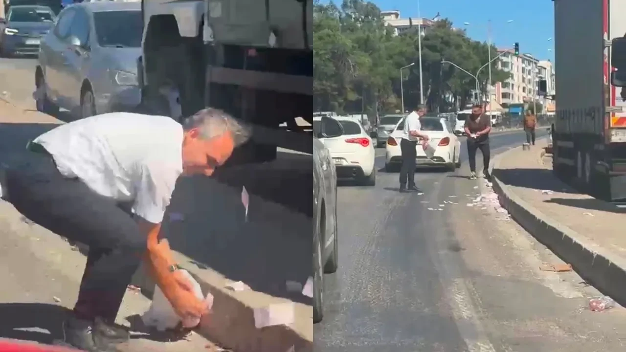 Deste deste para yola saçıldı! Trafikte banknot avı kamerada