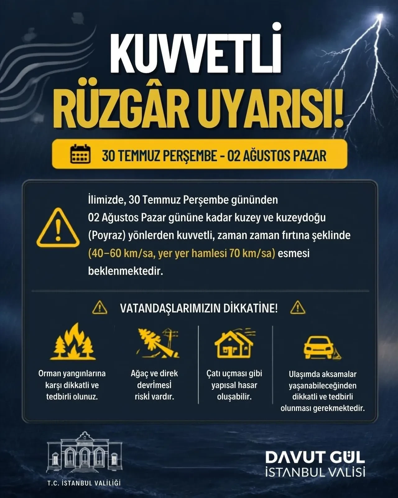 İstanbul Valiliği’nden kuvvetli rüzgar uyarısı! Pazar gününe kadar devam edecek