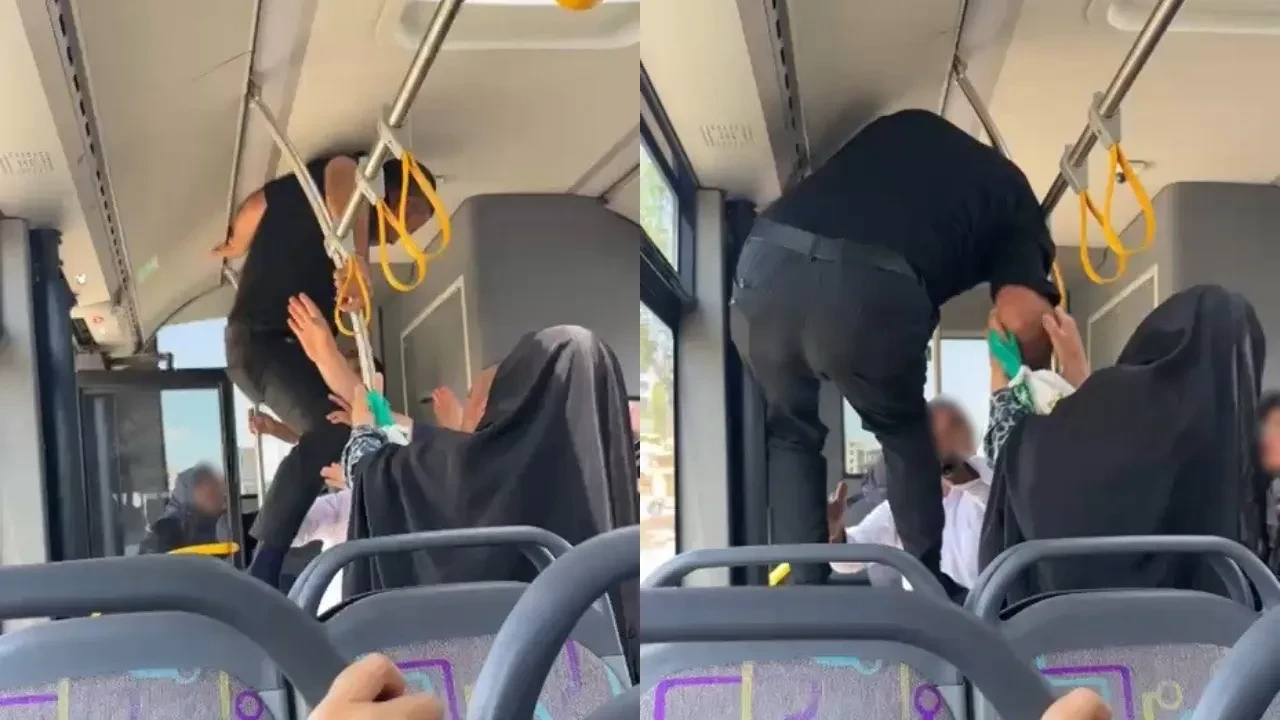 Otobüste tekmeli yumruklu kavga kamerada! Kapı açılınca kendini yerde buldu