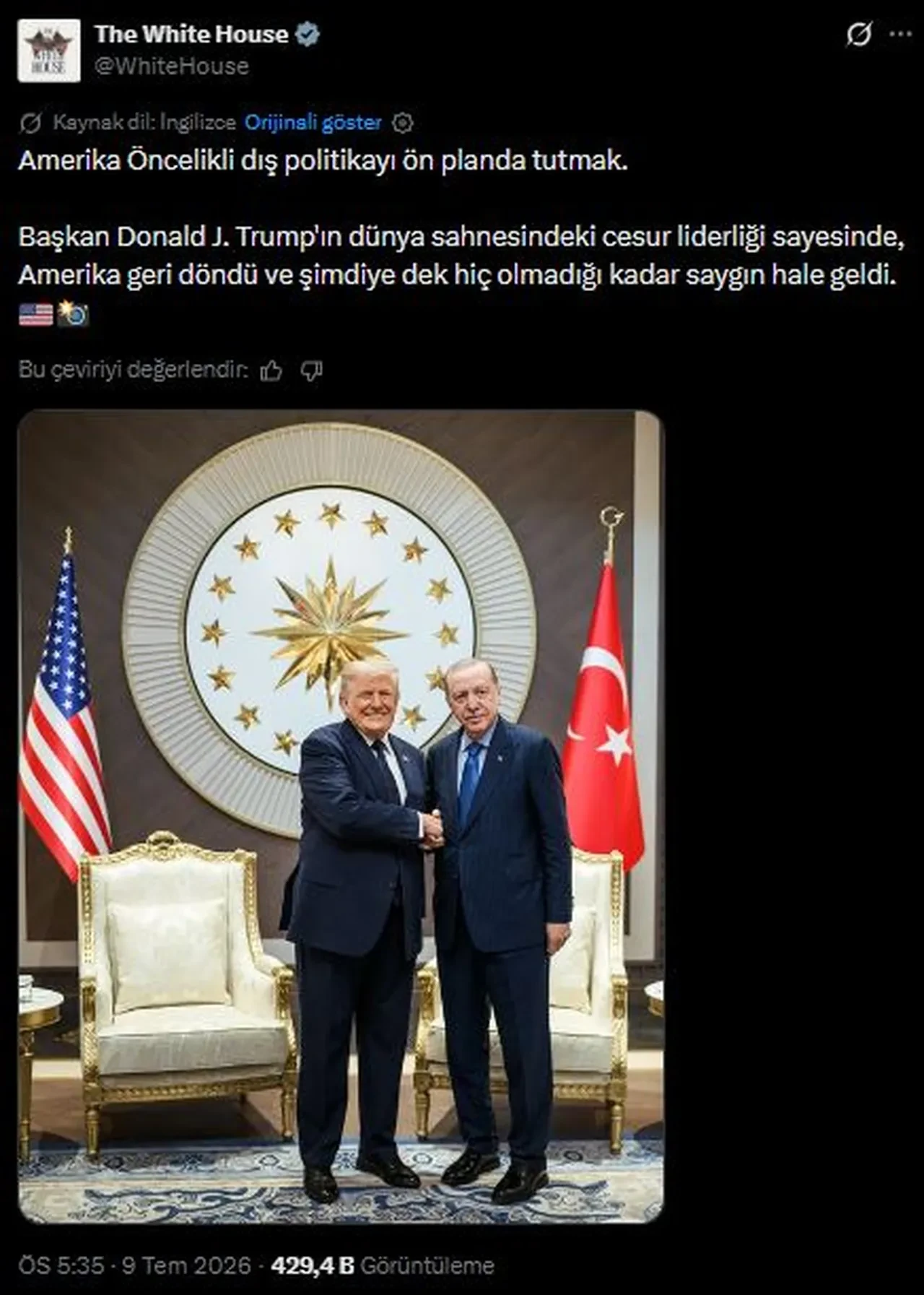 Beyaz Saray Cumhurbaşkanı Erdoğan ile Trump'ın fotoğrafını paylaştı
