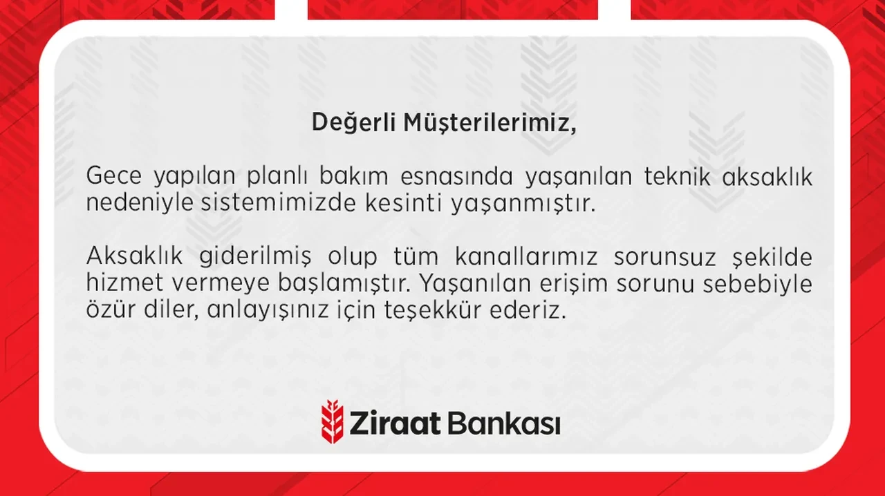Ziraat Bankası erişim sorunu düzeldi mi? Bankadan açıklama geldi... 1 Ağustos mobil, ATM ve pos cihazlarında erişim sorunu...