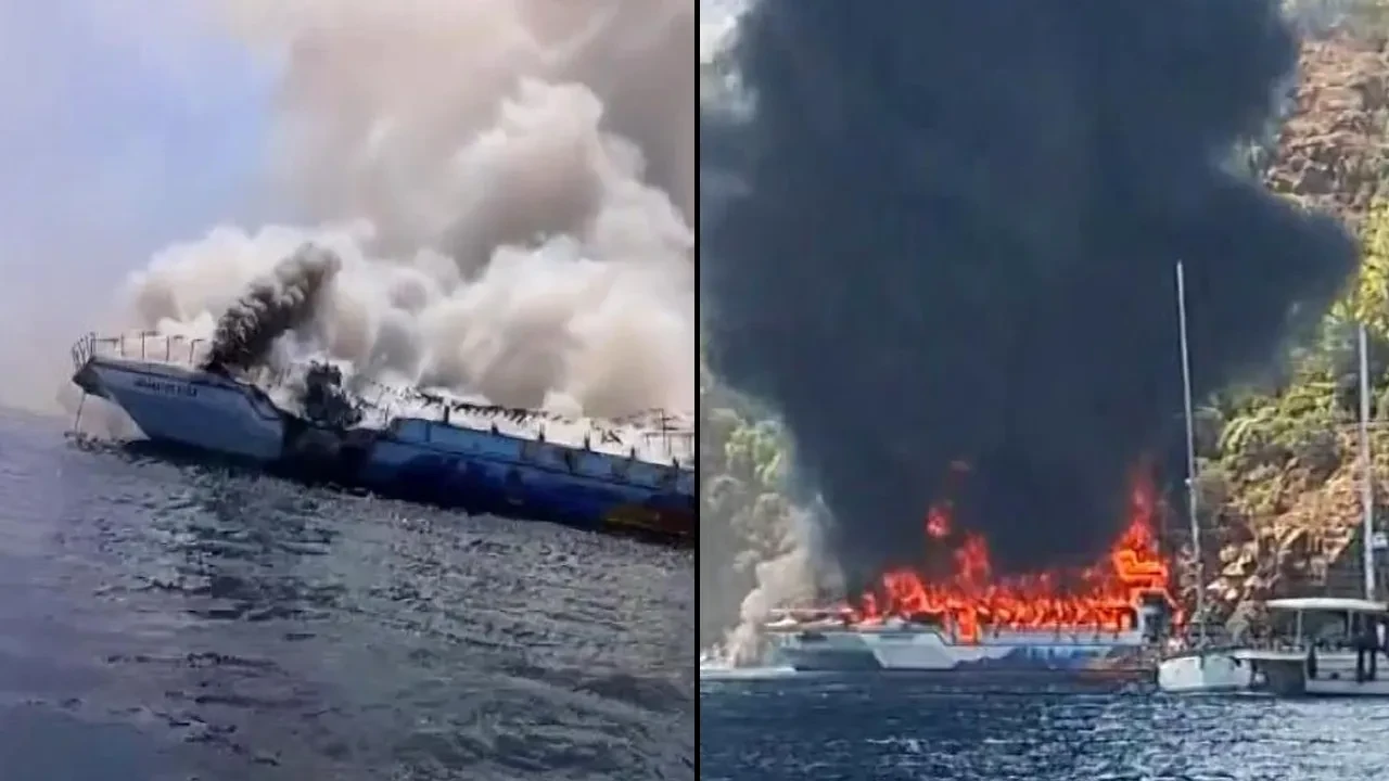 Muğla Fethiye'de gezi teknesi alev alev yandı: 115 kişi denize atladı