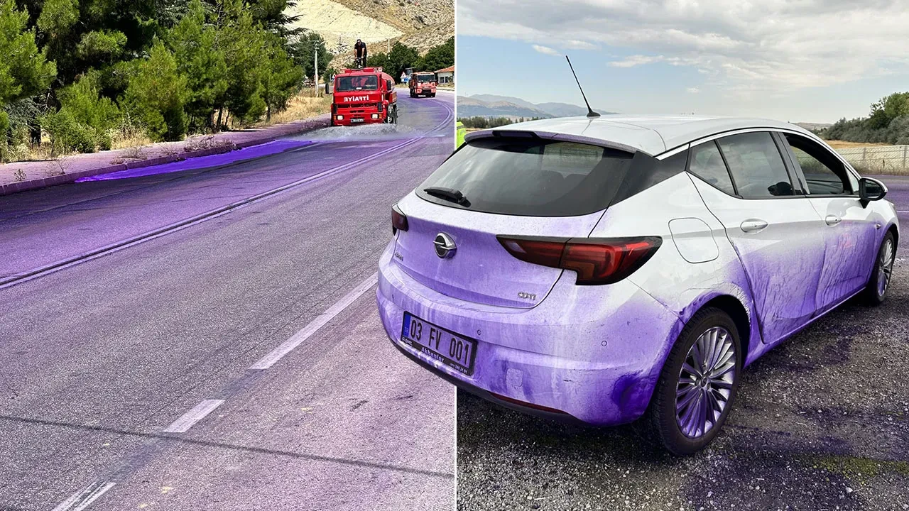 Afyonkarahisar’da bu yoldan geçen araçlar mor renge büründü: Kimyasal maddeyi dökenler hakkında soruşturma başlatıldı