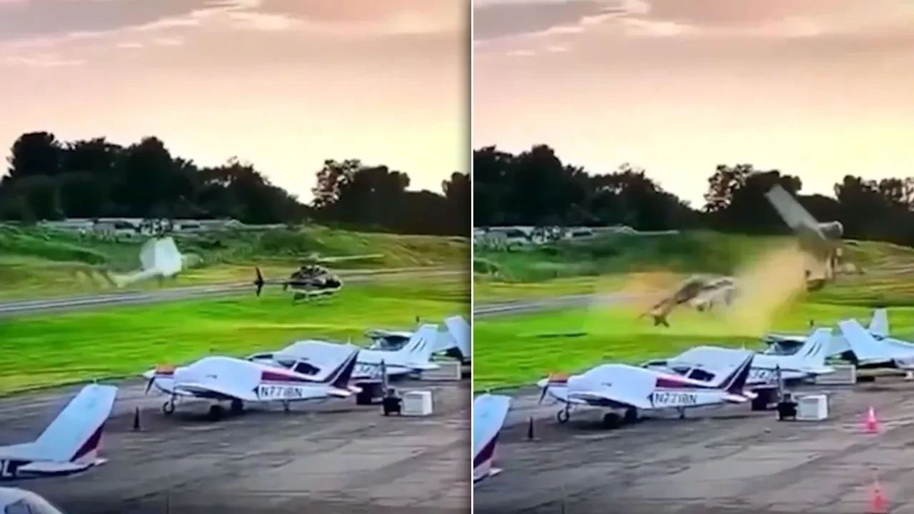 Küçük uçak ile helikopterin çarpışma anı