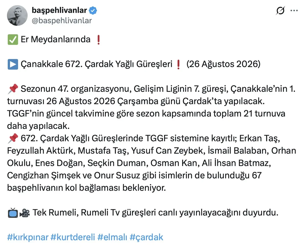 2026 Çardak Yağlı Güreşleri başpehlivanı kim oldu? Çardak Yağlı Güreşleri hangi kanalda, saat kaçta?