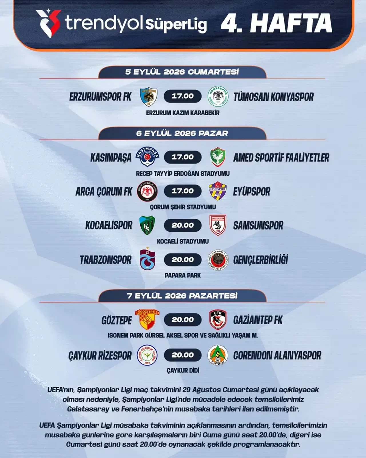Süper Lig’de 4. hafta fikstürü belli oldu! Fenerbahçe ve Galatasaray maçlarına Şampiyonlar Ligi ayarı