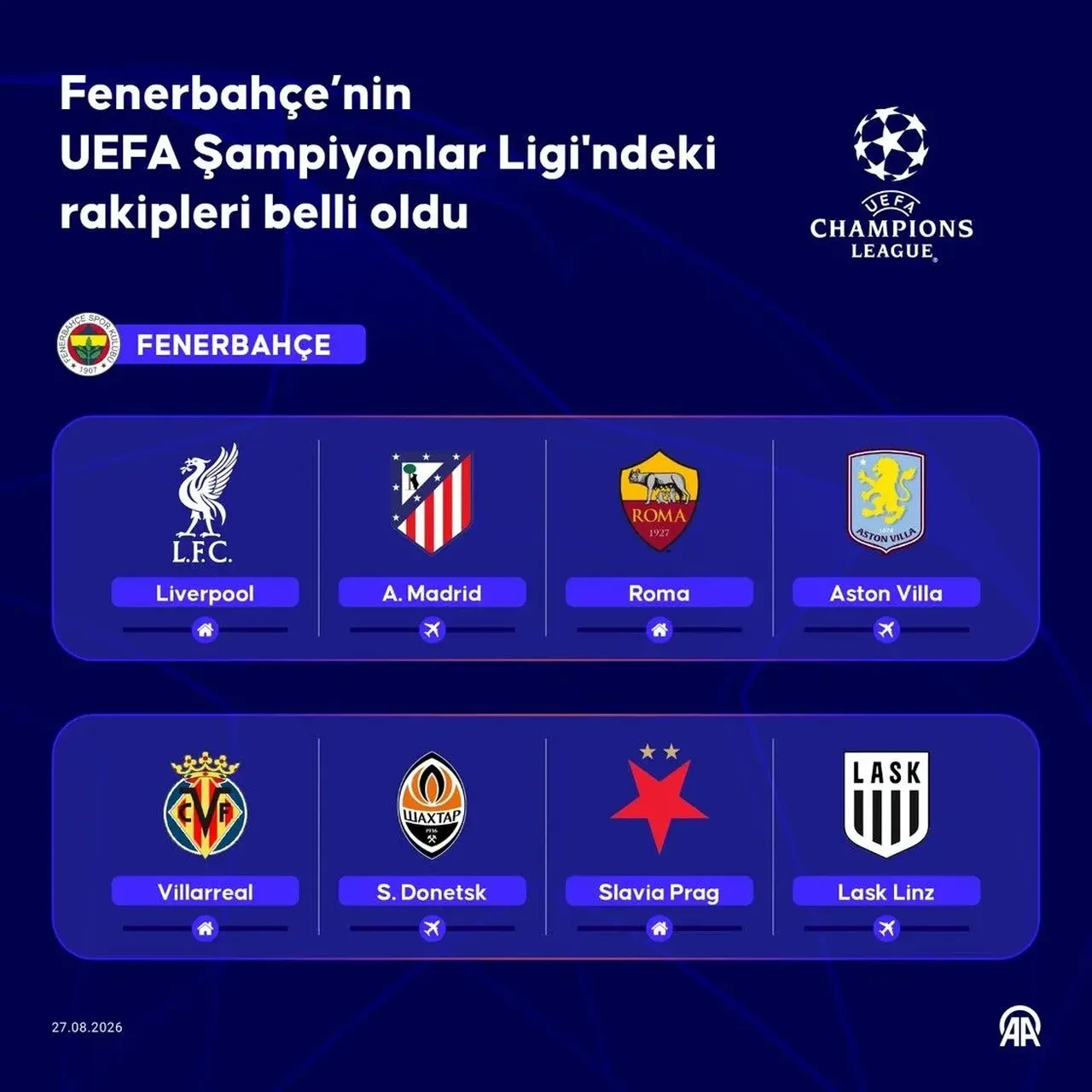 Fenerbahçe Şampiyonlar Ligi maçları ne zaman? FB Aston Villa, Slavia Prag, Liverpool, Shakhtar Donetsk, LASK, Villarreal maçı ne zaman?