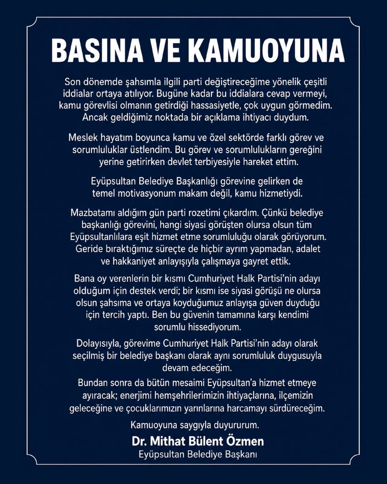 CHP'li Eyüpsultan Belediye Başkanı Özmen'den Yeni Parti iddialarına cevap