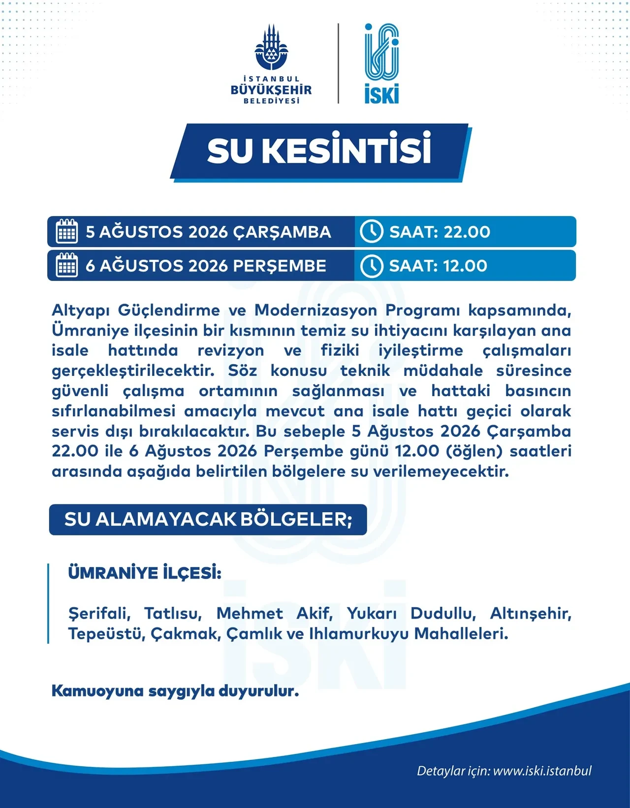 5-6 Ağustos İSKİ İstanbul su kesintisi 2026: İstanbul'da sular ne zaman gelecek? İşte su kesintisi yaşanacak ilçe ve mahalleler...