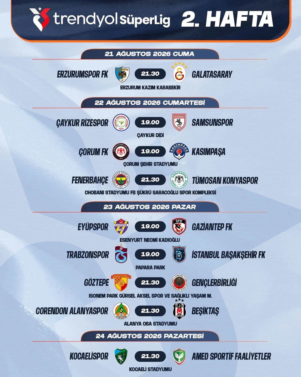 Süper Lig'de 2-3. hafta programları açıklandı