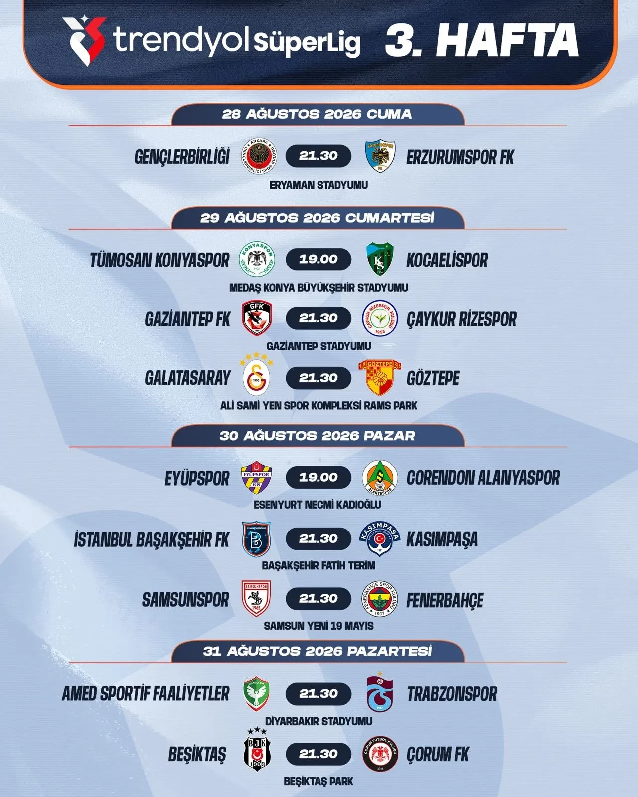 Süper Lig'de 2-3. hafta programları açıklandı