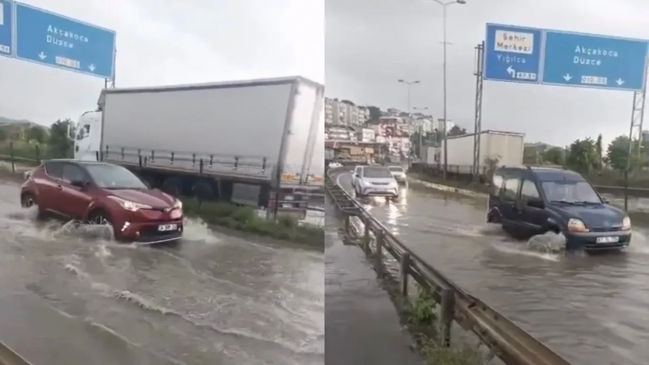 Aniden bastıran yağmur, köprüyü göle çevirdi! Araç sürücülerinin zor anları kamerada