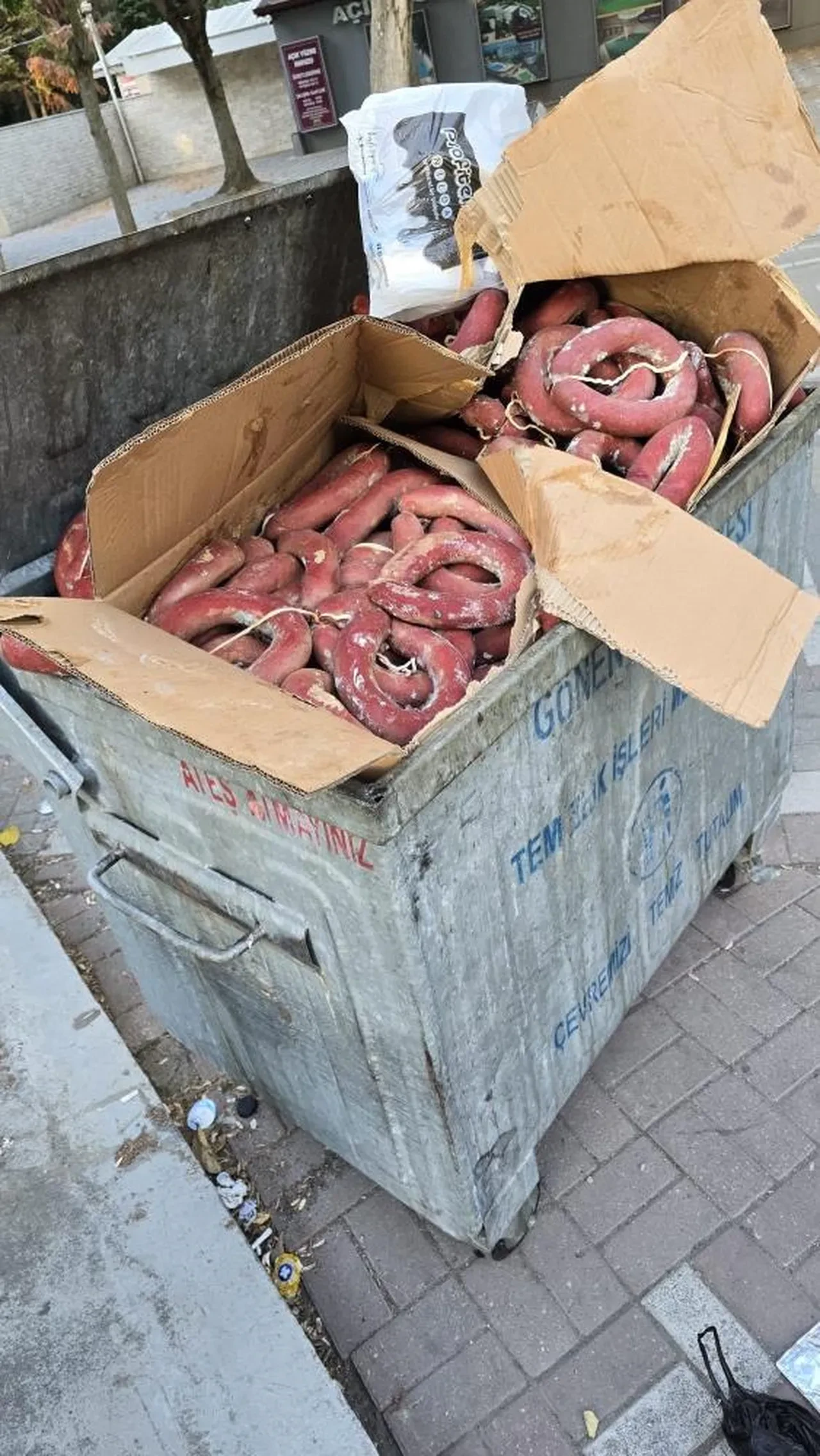 Gönen Oya ve Çeyiz Fuarı sonrası şok görüntü: Çöp konteynerinde kilolarca kangal sucuk bulundu