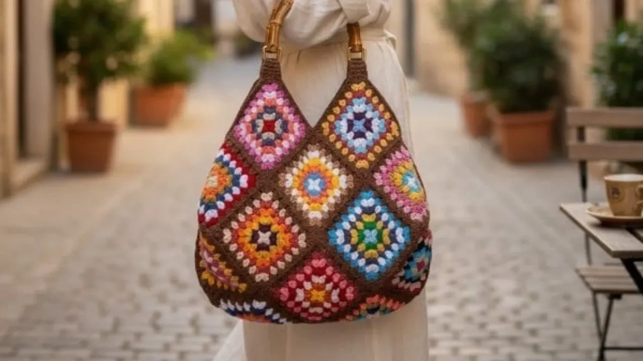 Tığla örülen modern granny square modeli! Mağaza çantalarına taş çıkarıyor